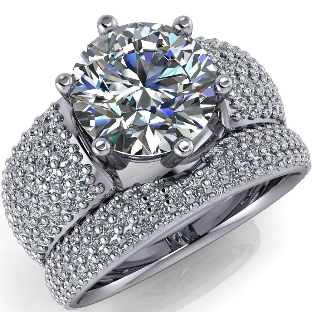 Liza Round Center Stone 6 Prong Wire Basket Thick Micropave Diamond Sides Ring