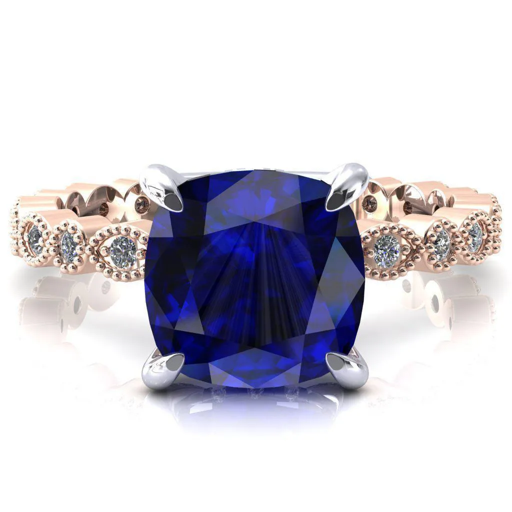 Lizette Cushion Blue Sapphire 4 Claw Prong 3/4 Eternity Milgrain Diamond Shank Engagement Ring