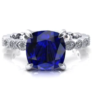 Lizette Cushion Blue Sapphire 4 Claw Prong 3/4 Eternity Milgrain Diamond Shank Engagement Ring