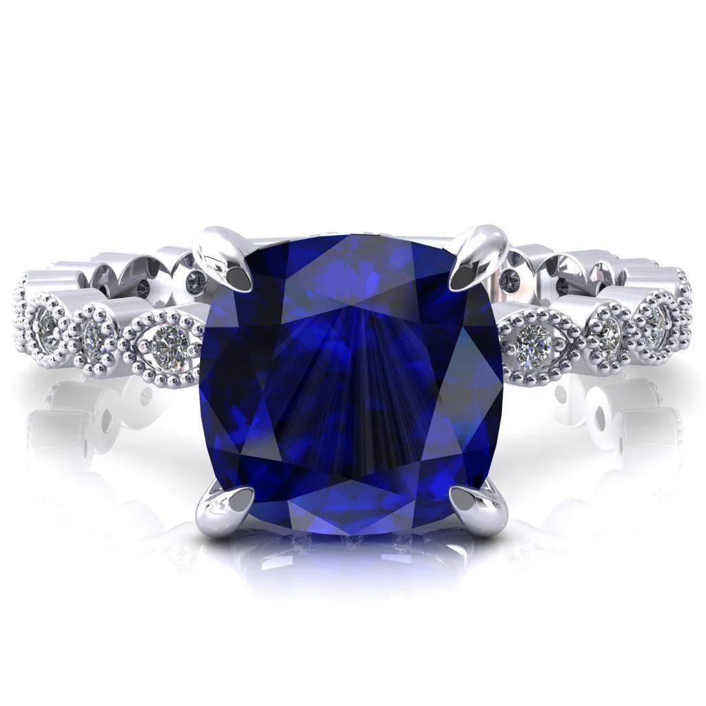 Lizette Cushion Blue Sapphire 4 Claw Prong 3/4 Eternity Milgrain Diamond Shank Engagement Ring