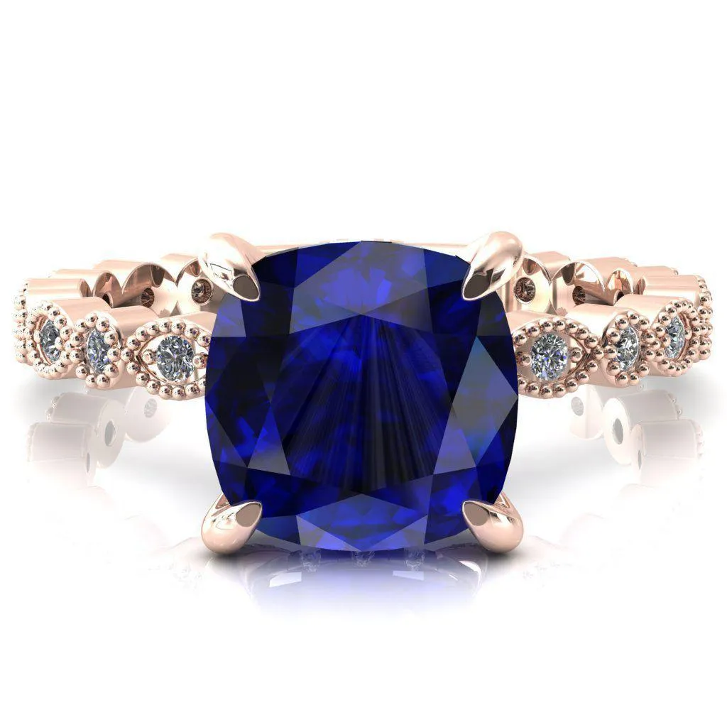 Lizette Cushion Blue Sapphire 4 Claw Prong 3/4 Eternity Milgrain Diamond Shank Engagement Ring