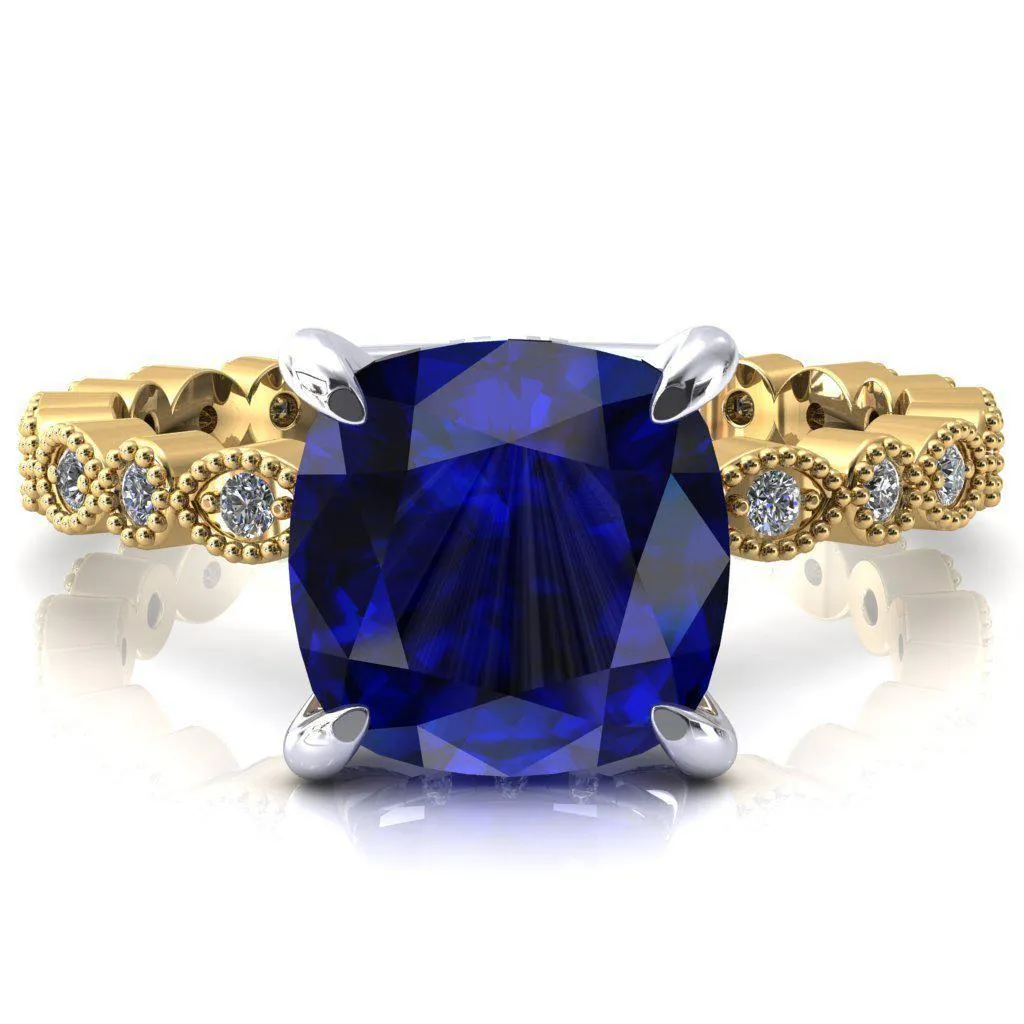 Lizette Cushion Blue Sapphire 4 Claw Prong 3/4 Eternity Milgrain Diamond Shank Engagement Ring