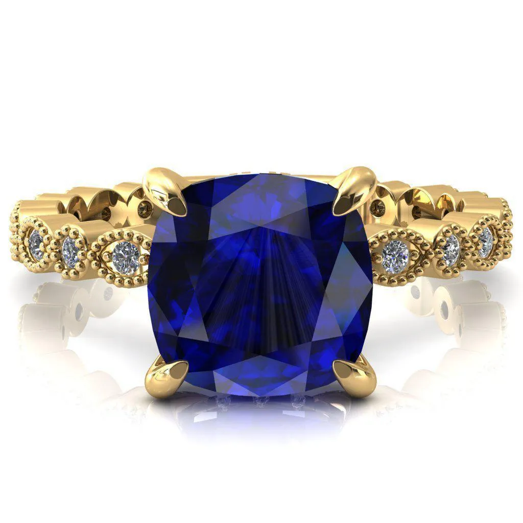 Lizette Cushion Blue Sapphire 4 Claw Prong 3/4 Eternity Milgrain Diamond Shank Engagement Ring