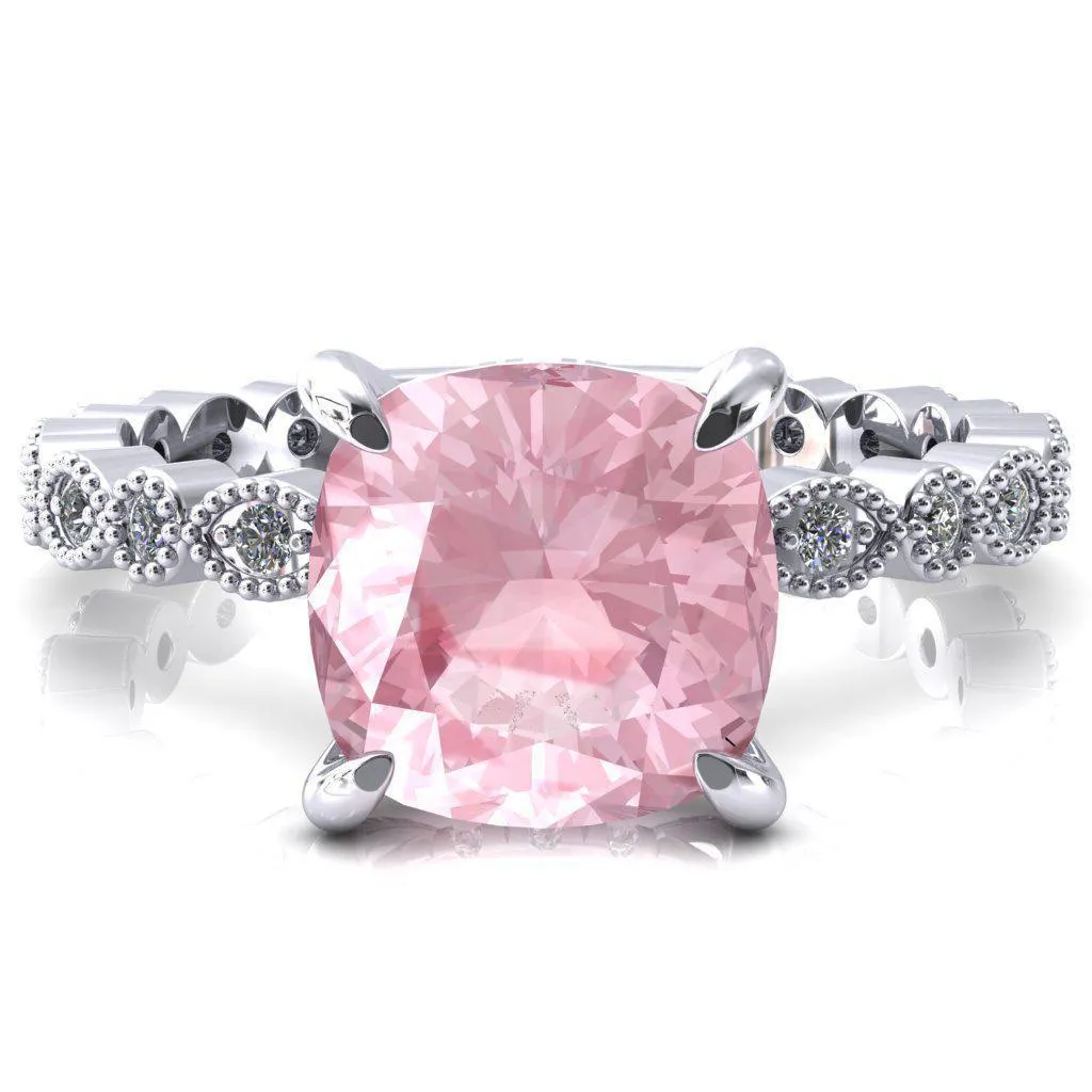 Lizette Cushion Pink Sapphire 4 Claw Prong 3/4 Eternity Milgrain Diamond Shank Engagement Ring