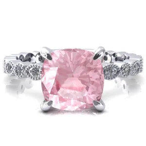 Lizette Cushion Pink Sapphire 4 Claw Prong 3/4 Eternity Milgrain Diamond Shank Engagement Ring