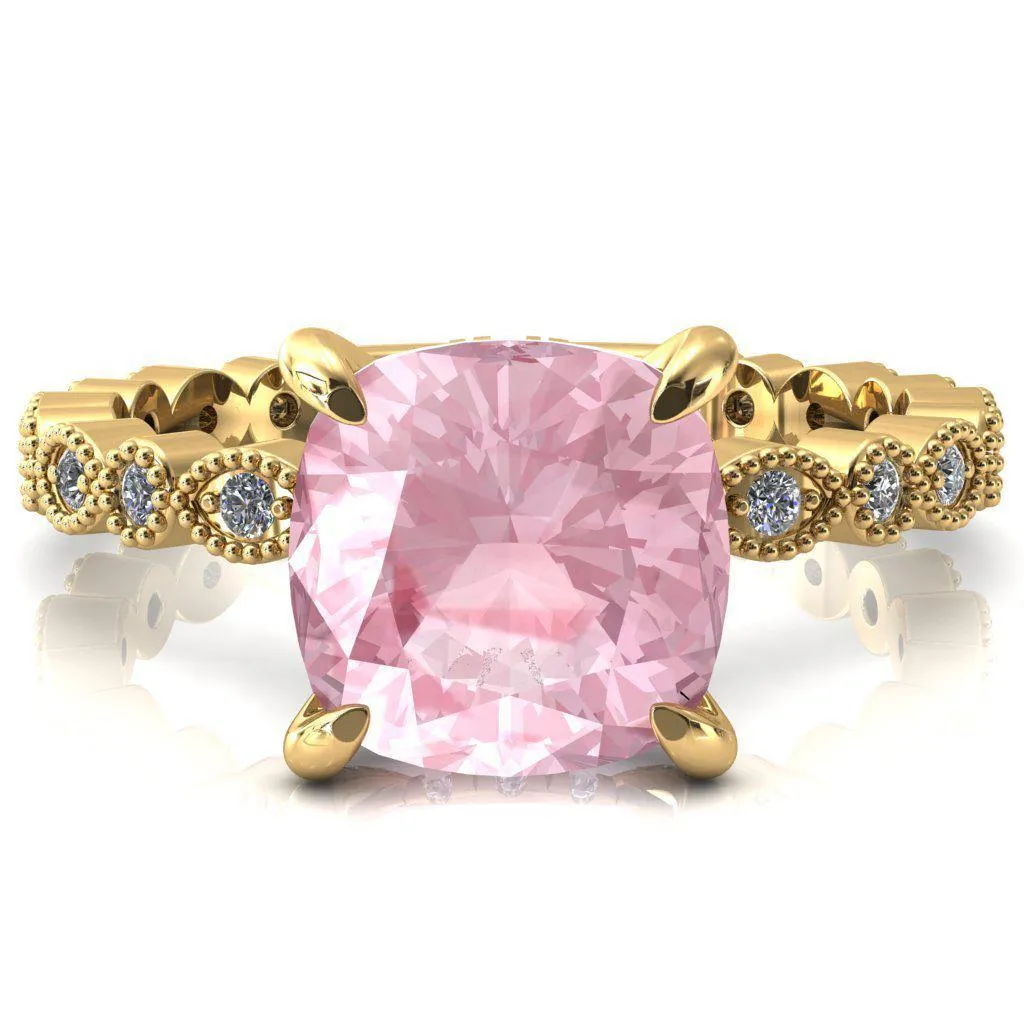 Lizette Cushion Pink Sapphire 4 Claw Prong 3/4 Eternity Milgrain Diamond Shank Engagement Ring