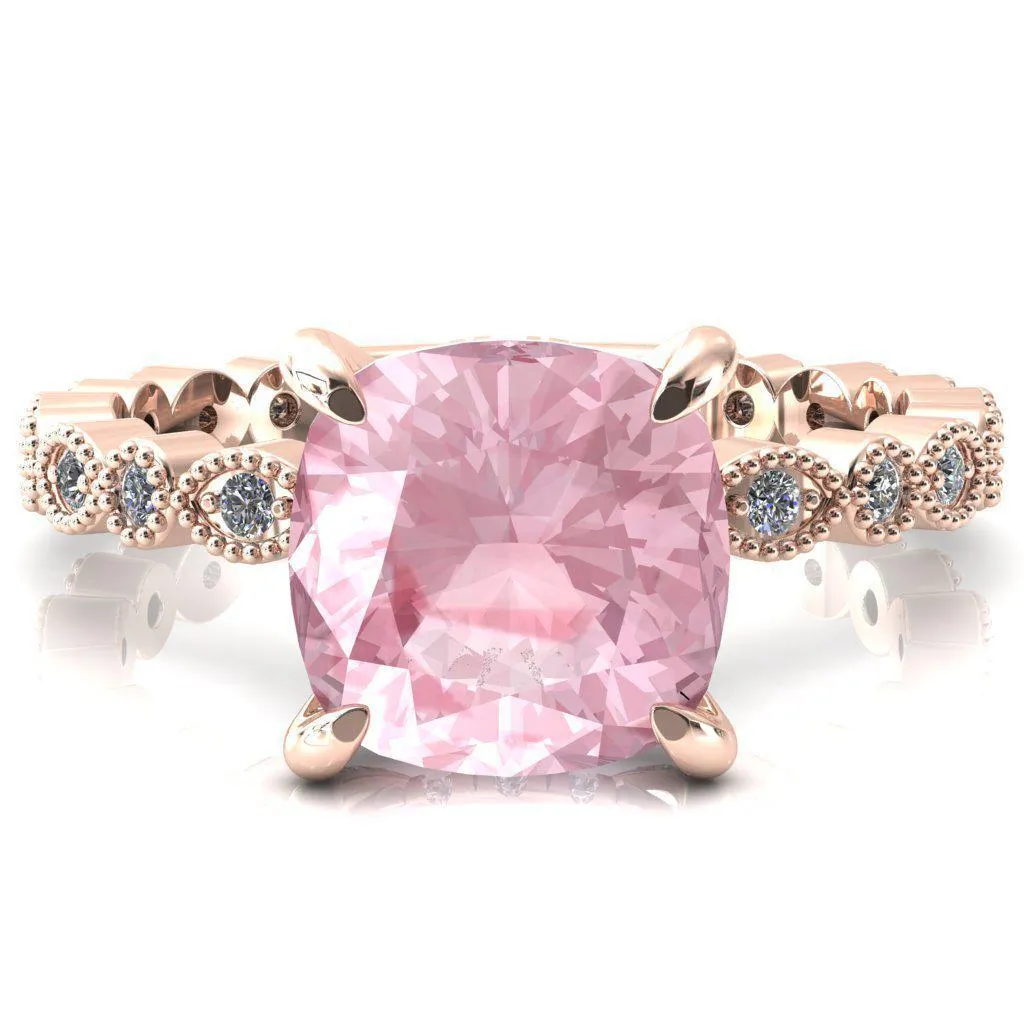 Lizette Cushion Pink Sapphire 4 Claw Prong 3/4 Eternity Milgrain Diamond Shank Engagement Ring