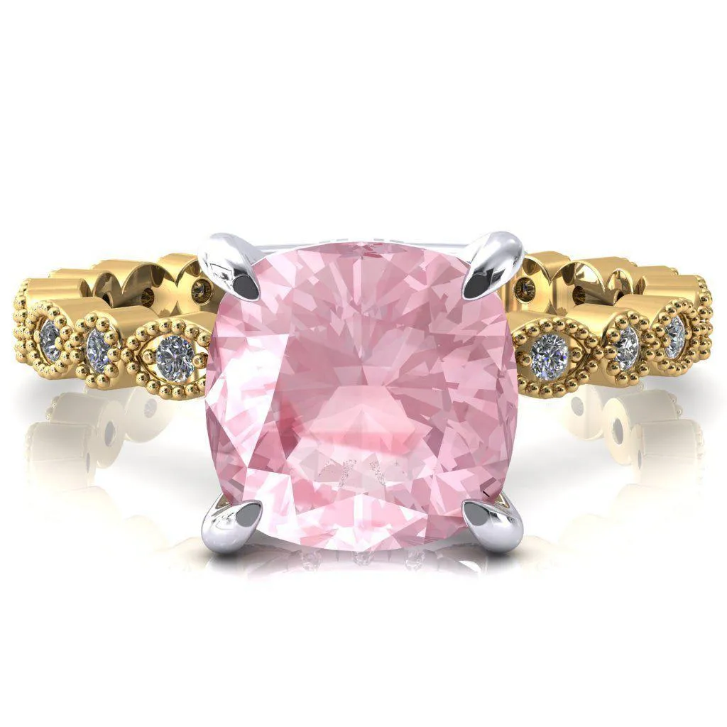 Lizette Cushion Pink Sapphire 4 Claw Prong 3/4 Eternity Milgrain Diamond Shank Engagement Ring