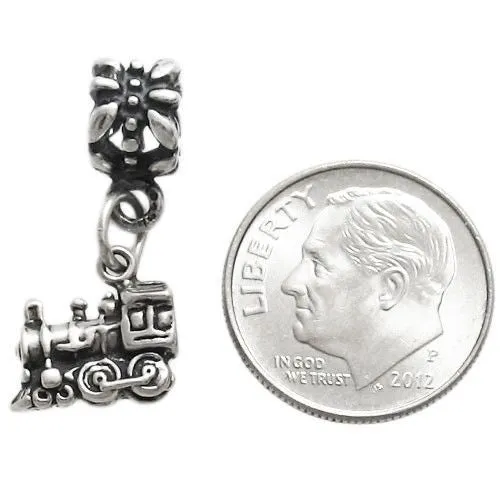 Locomotive Charm in 3D with Euro Bead. Sterling Silver