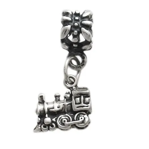 Locomotive Charm in 3D with Euro Bead. Sterling Silver