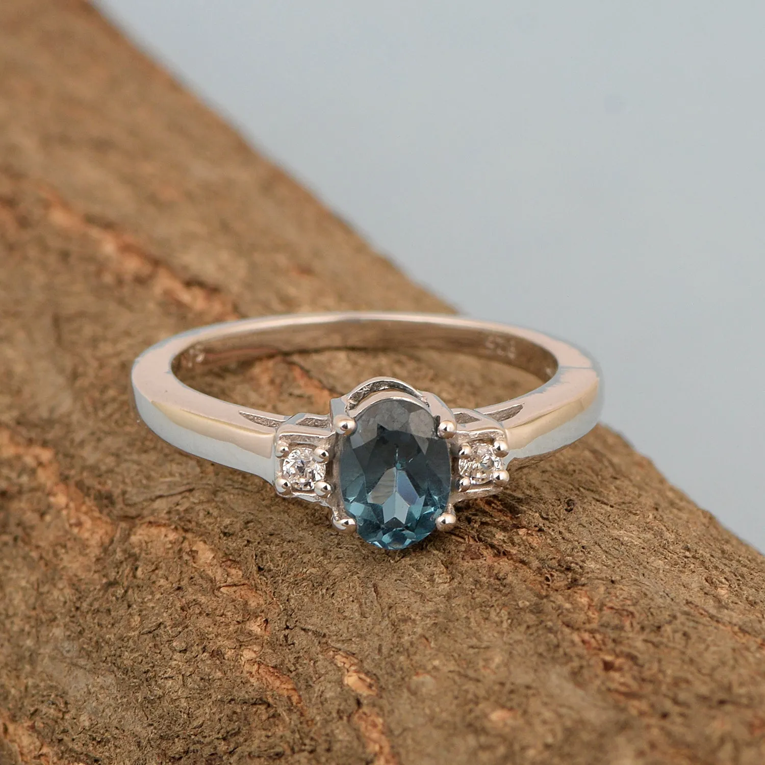London Blue Topaz Oval 7X5 MM Gemstone 925 Sterling Silver 3-Stone Proposal Ring