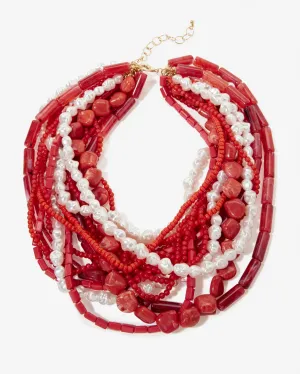 Long Beaded and Pearl Layered Necklace Red Multi