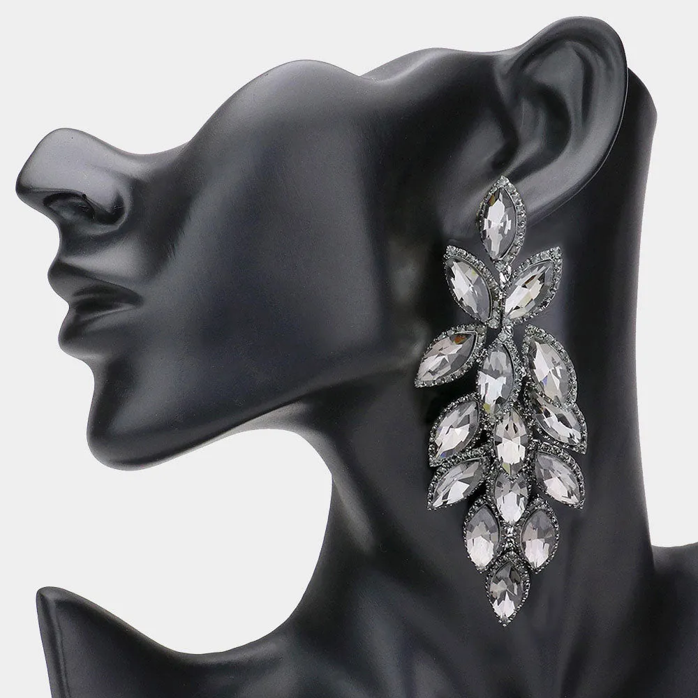 Long Black Diamond Crystal Marquise Leaf Stone Pageant Earrings | Prom Earrings |  562797