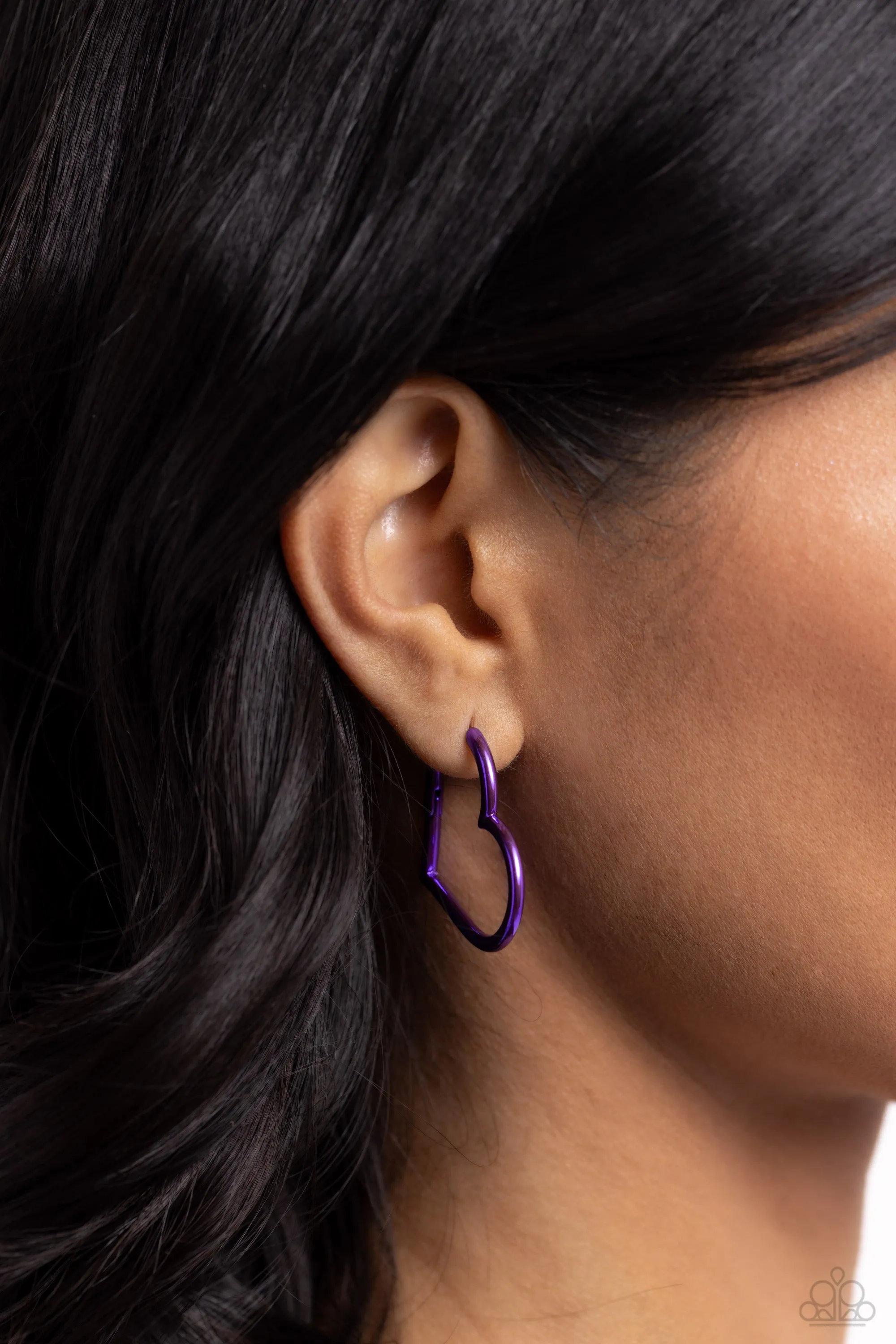 Loving Legend - Purple - Metallic Heart Paparazzi Hinge Hoop Earrings
