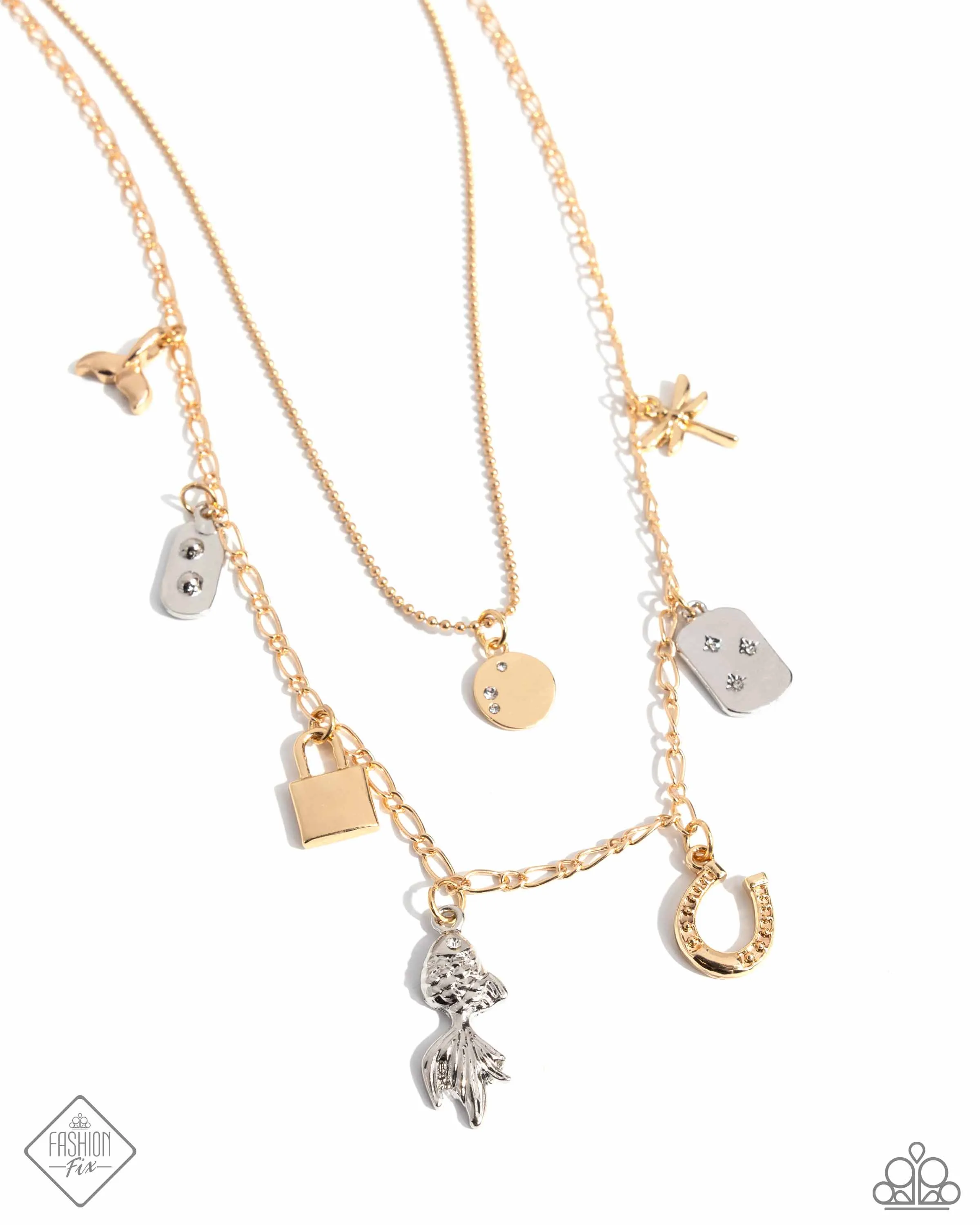 Lucky Legend - Multi - Mixed Metal Charm Tiered Paparazzi Short Necklace - July 2024 Sunset Sightings