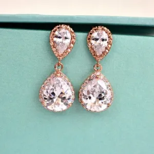 LUX Rose Gold Bridal Earrings, Rose Gold Cubic Zirconia Teardrop Earrings, Blush Wedding, Wedding Jewelry, Bridesmaids Earrings, Bridal Gift