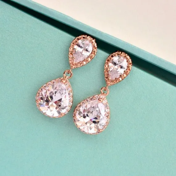 LUX Rose Gold Bridal Earrings, Rose Gold Cubic Zirconia Teardrop Earrings, Blush Wedding, Wedding Jewelry, Bridesmaids Earrings, Bridal Gift