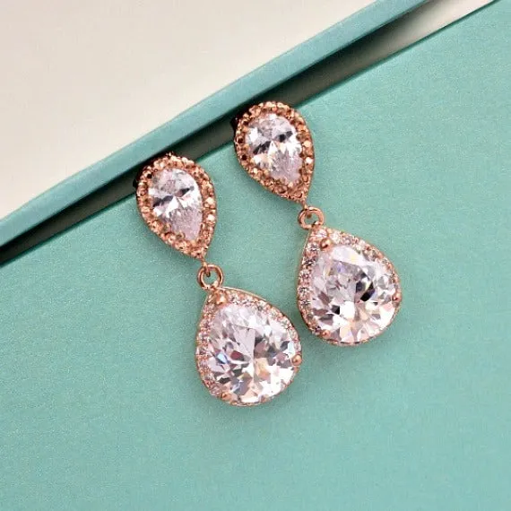 LUX Rose Gold Bridal Earrings, Rose Gold Cubic Zirconia Teardrop Earrings, Blush Wedding, Wedding Jewelry, Bridesmaids Earrings, Bridal Gift