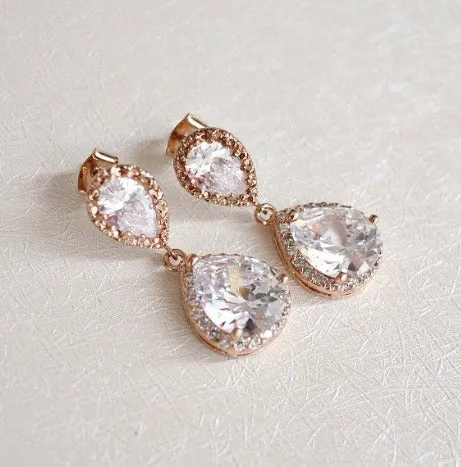 LUX Rose Gold Bridal Earrings, Rose Gold Cubic Zirconia Teardrop Earrings, Blush Wedding, Wedding Jewelry, Bridesmaids Earrings, Bridal Gift