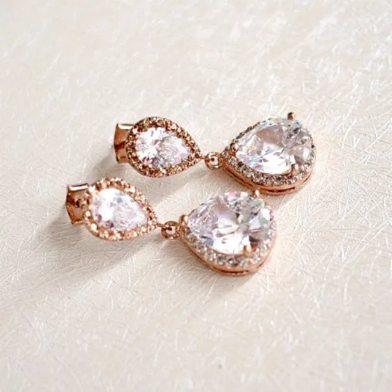 LUX Rose Gold Bridal Earrings, Rose Gold Cubic Zirconia Teardrop Earrings, Blush Wedding, Wedding Jewelry, Bridesmaids Earrings, Bridal Gift