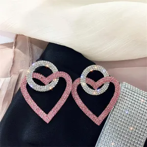 Luxury Modern Diamond Green Pink Heart Crystal Earrings for Women Oversize Circle Rhinestone