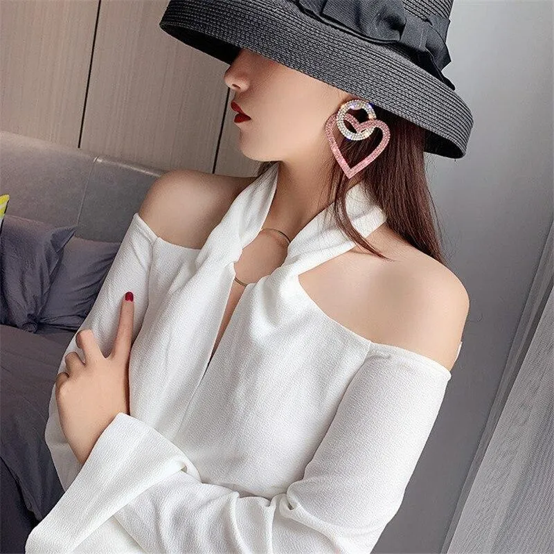 Luxury Modern Diamond Green Pink Heart Crystal Earrings for Women Oversize Circle Rhinestone