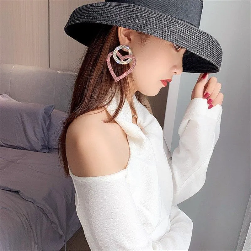 Luxury Modern Diamond Green Pink Heart Crystal Earrings for Women Oversize Circle Rhinestone