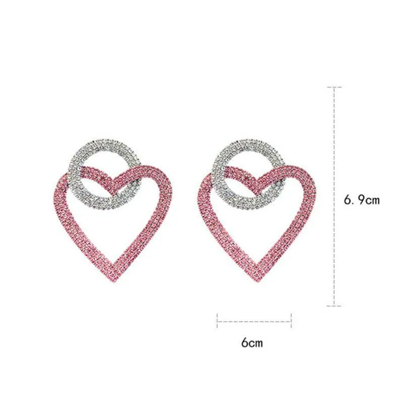 Luxury Modern Diamond Green Pink Heart Crystal Earrings for Women Oversize Circle Rhinestone