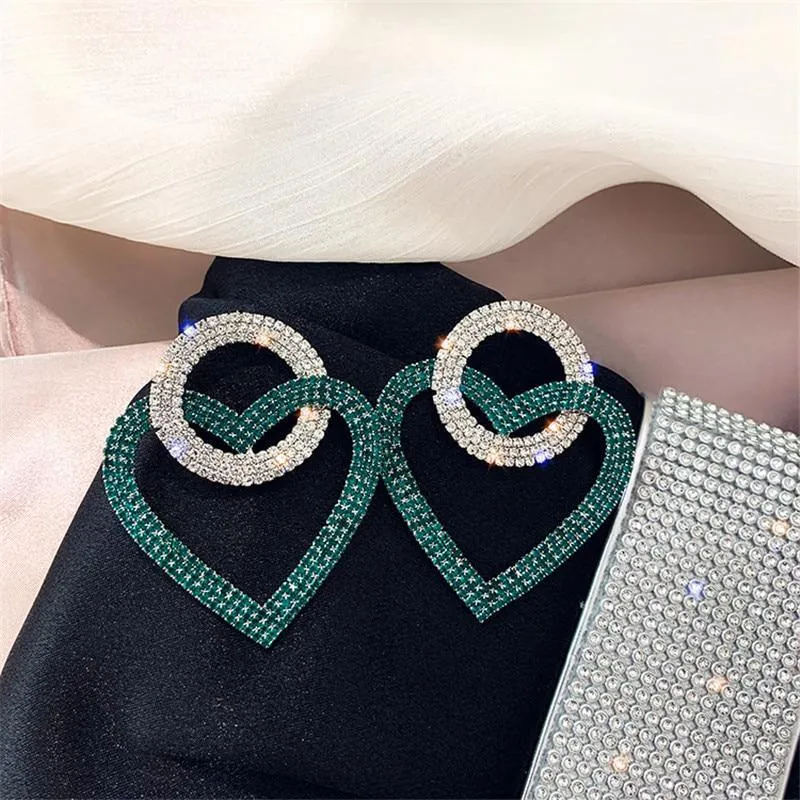 Luxury Modern Diamond Green Pink Heart Crystal Earrings for Women Oversize Circle Rhinestone