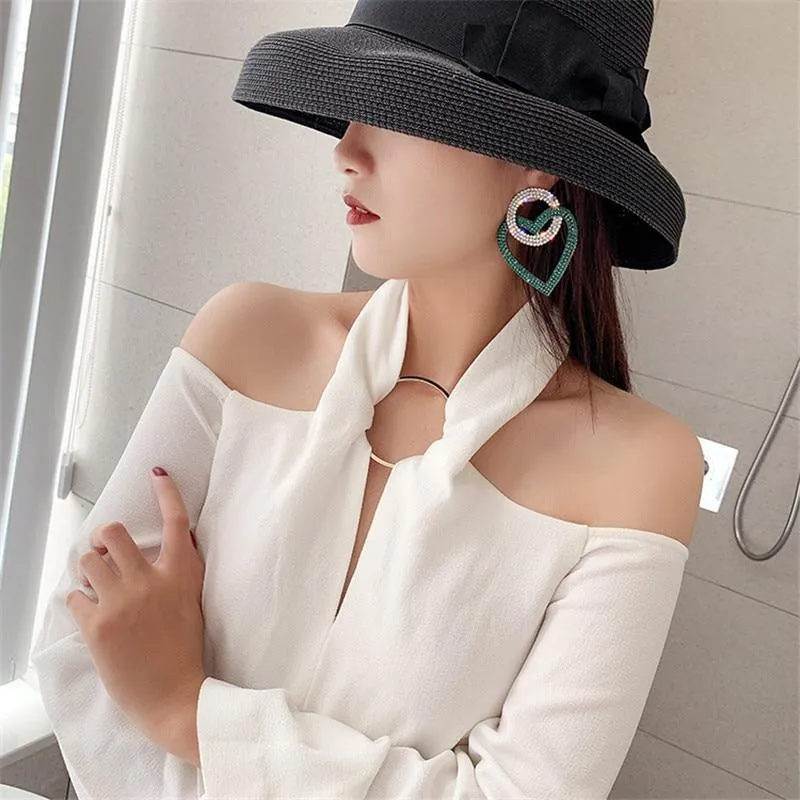 Luxury Modern Diamond Green Pink Heart Crystal Earrings for Women Oversize Circle Rhinestone