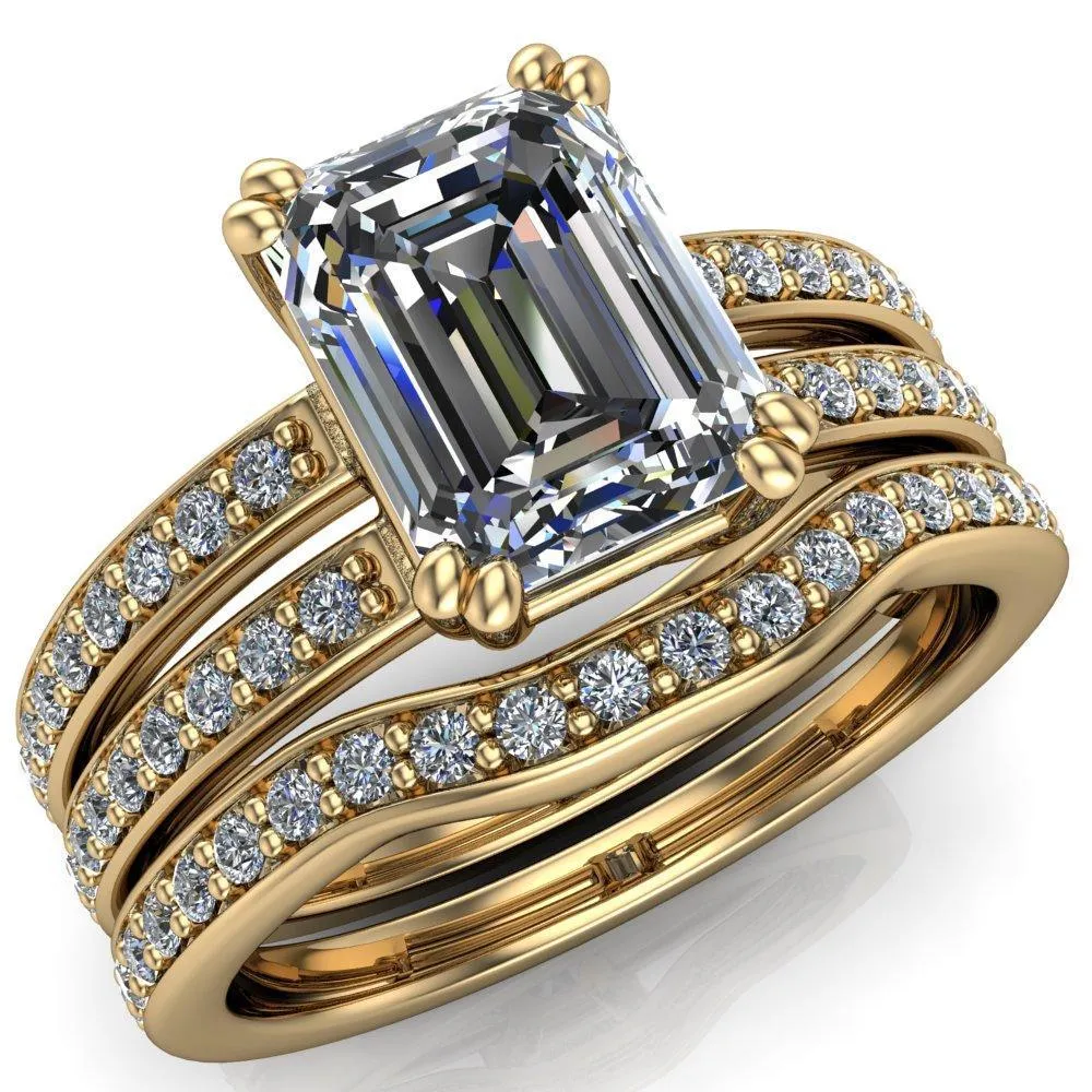 Lyall Emerald Center Stone 4 Prong Thick Band Double Diamond Channel Engagement Ring