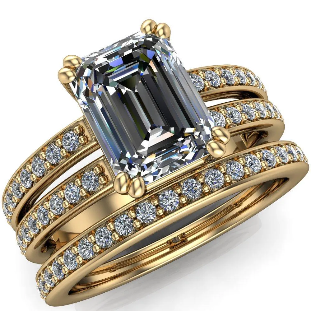 Lyall Emerald Center Stone 4 Prong Thick Band Double Diamond Channel Engagement Ring