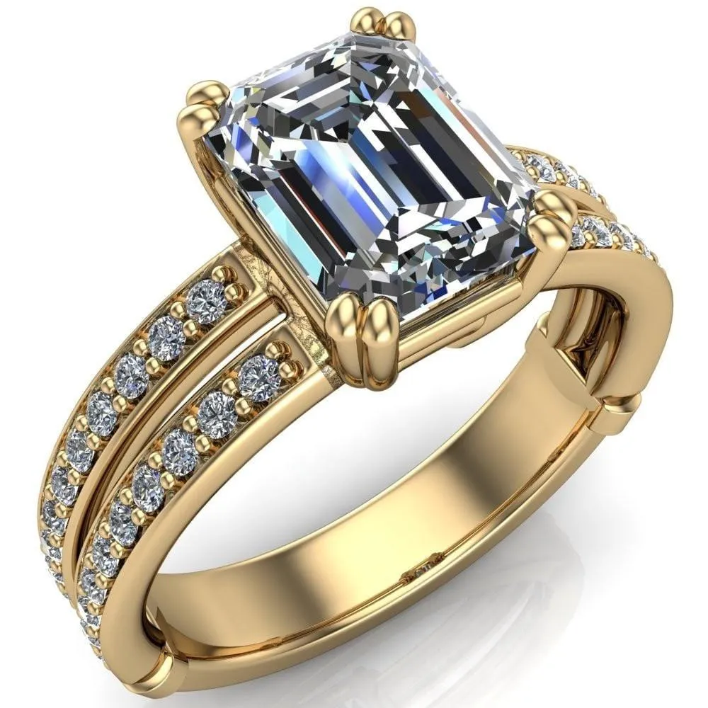 Lyall Emerald Center Stone 4 Prong Thick Band Double Diamond Channel Engagement Ring