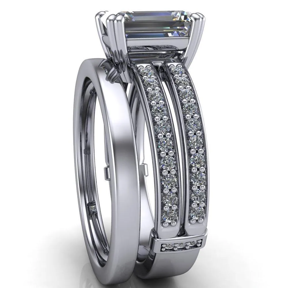 Lyall Emerald Center Stone 4 Prong Thick Band Double Diamond Channel Engagement Ring
