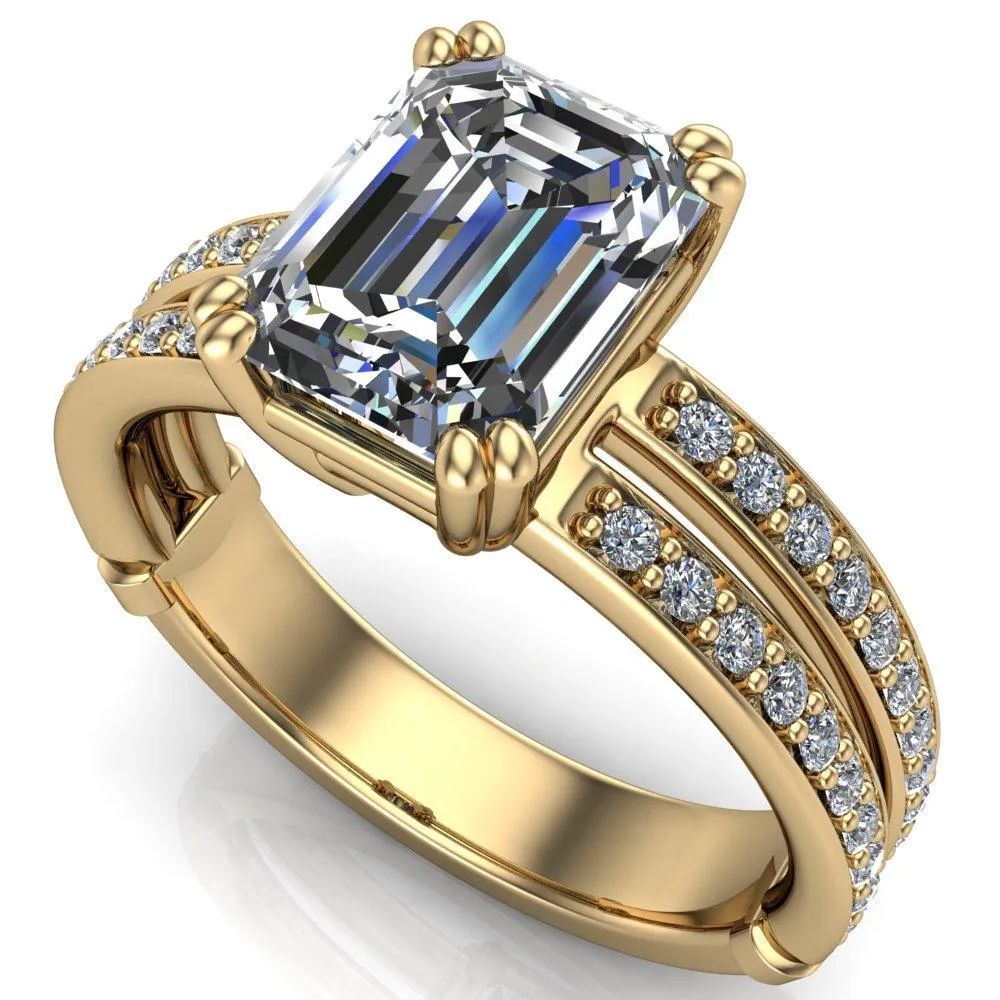 Lyall Emerald Center Stone 4 Prong Thick Band Double Diamond Channel Engagement Ring