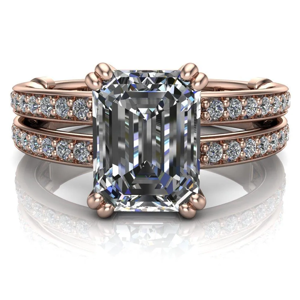 Lyall Emerald Center Stone 4 Prong Thick Band Double Diamond Channel Engagement Ring
