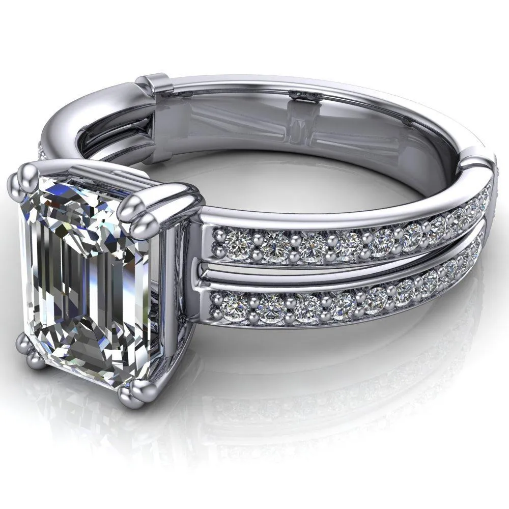Lyall Emerald Center Stone 4 Prong Thick Band Double Diamond Channel Engagement Ring