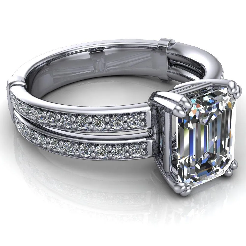 Lyall Emerald Center Stone 4 Prong Thick Band Double Diamond Channel Engagement Ring
