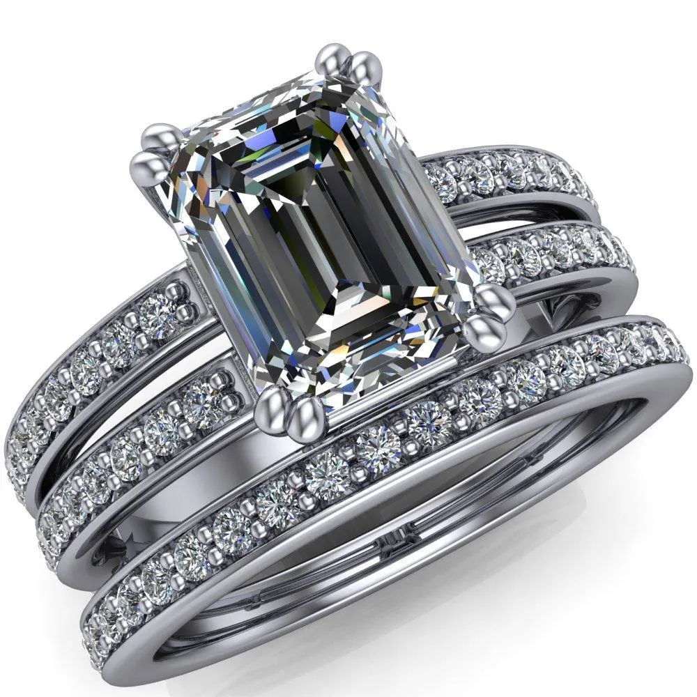 Lyall Emerald Center Stone 4 Prong Thick Band Double Diamond Channel Engagement Ring
