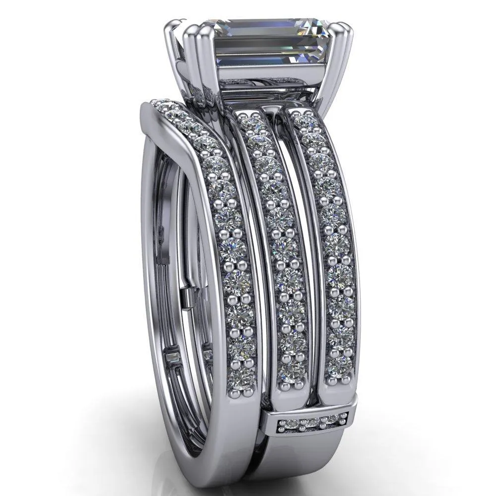 Lyall Emerald Center Stone 4 Prong Thick Band Double Diamond Channel Engagement Ring