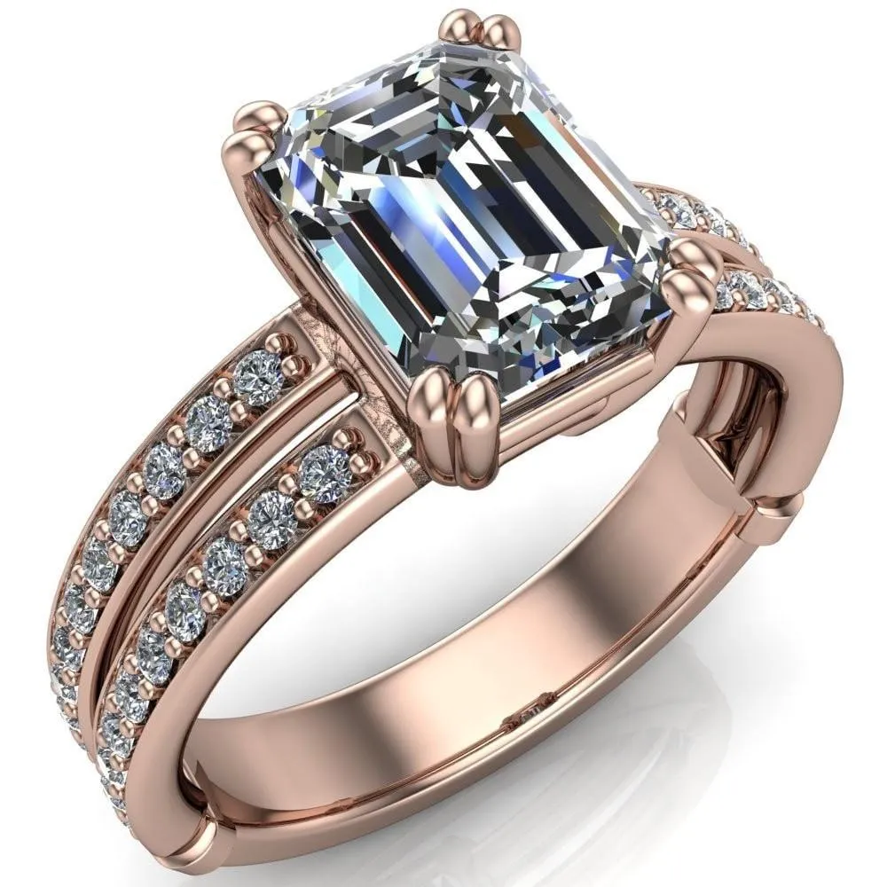 Lyall Emerald Center Stone 4 Prong Thick Band Double Diamond Channel Engagement Ring