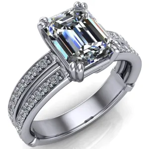 Lyall Emerald Center Stone 4 Prong Thick Band Double Diamond Channel Engagement Ring