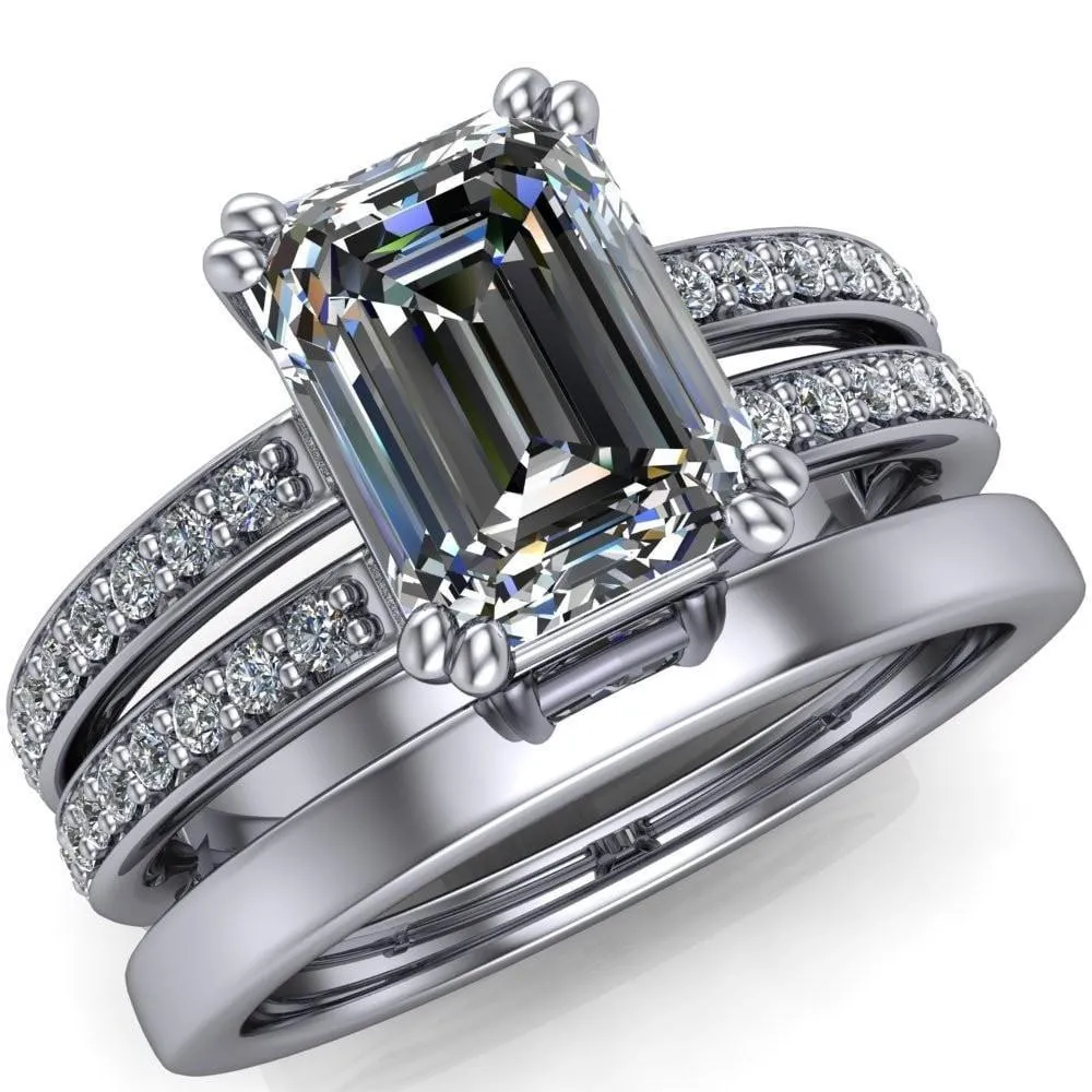 Lyall Emerald Center Stone 4 Prong Thick Band Double Diamond Channel Engagement Ring