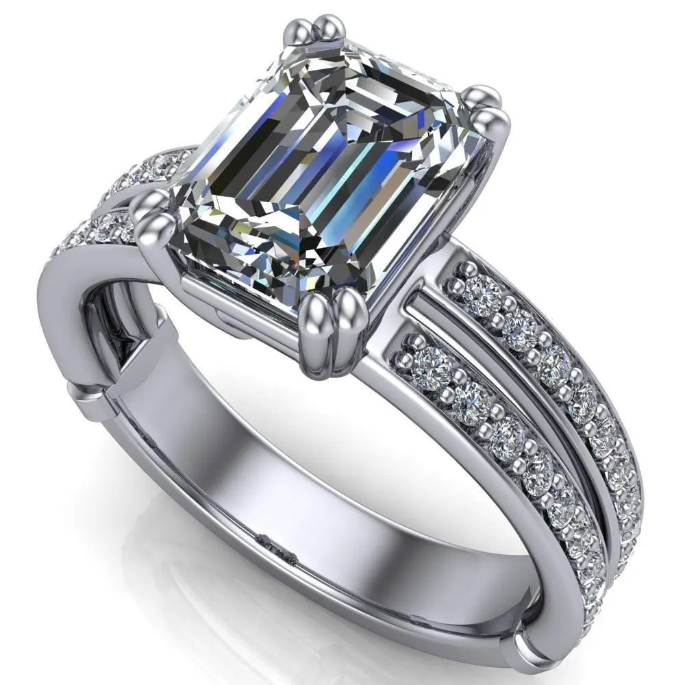 Lyall Emerald Center Stone 4 Prong Thick Band Double Diamond Channel Engagement Ring