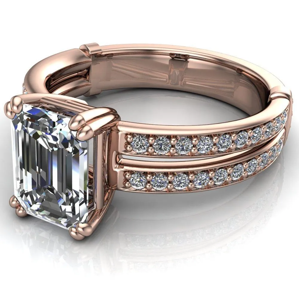 Lyall Emerald Center Stone 4 Prong Thick Band Double Diamond Channel Engagement Ring