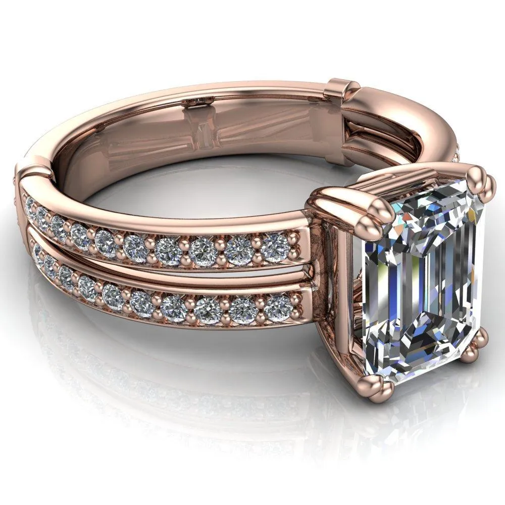 Lyall Emerald Center Stone 4 Prong Thick Band Double Diamond Channel Engagement Ring