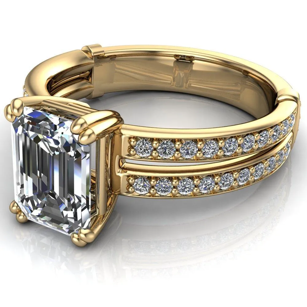 Lyall Emerald Center Stone 4 Prong Thick Band Double Diamond Channel Engagement Ring
