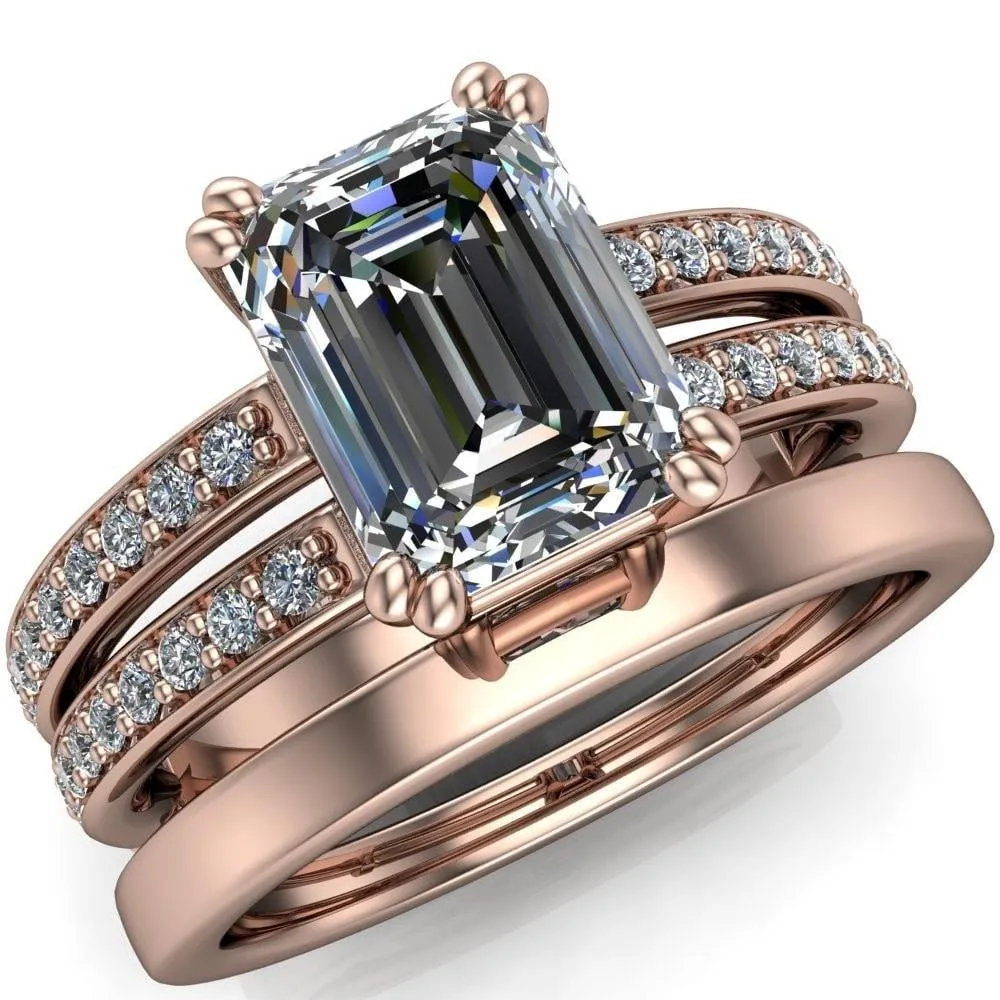 Lyall Emerald Center Stone 4 Prong Thick Band Double Diamond Channel Engagement Ring