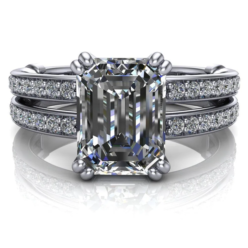 Lyall Emerald Center Stone 4 Prong Thick Band Double Diamond Channel Engagement Ring