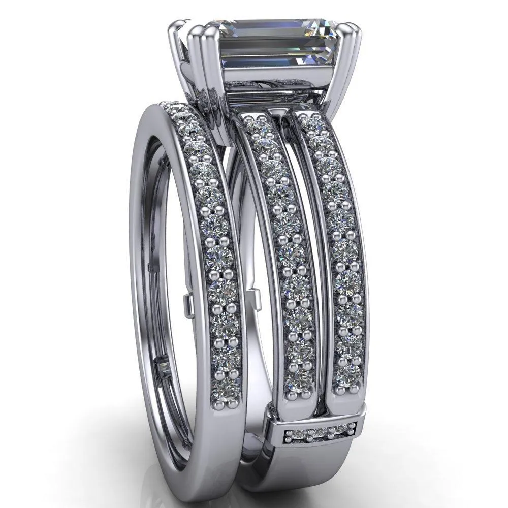 Lyall Emerald Center Stone 4 Prong Thick Band Double Diamond Channel Engagement Ring